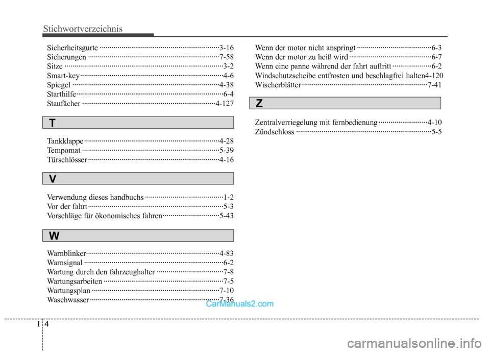 Hyundai Genesis Coupe 2013  Betriebsanleitung (in German) Stichwortverzeichnis
4
I
Sicherheitsgurte ·····························································3-16 
Sicherungen ·········