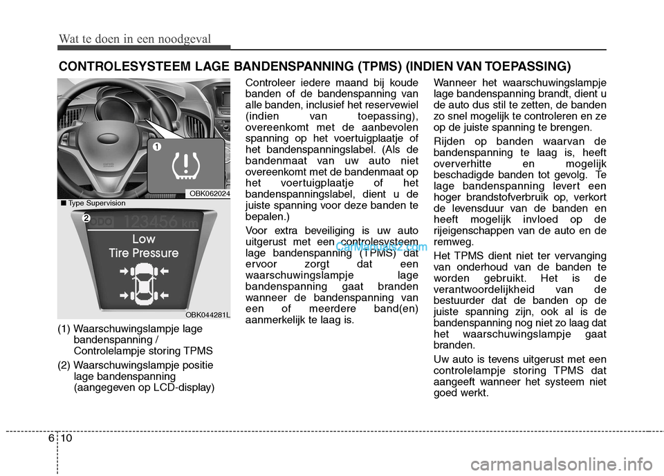 Hyundai Genesis Coupe 2013  Handleiding (in Dutch) Wat te doen in een noodgeval
10
6
CONTROLESYSTEEM LAGE BANDENSPANNING (TPMS) (INDIEN VAN TOEPASSING)
(1) Waarschuwingslampje lage bandenspanning / 
Controlelampje storing TPMS
(2) Waarschuwingslampje 