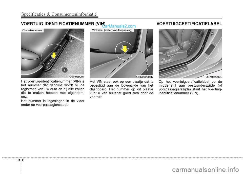 Hyundai Genesis Coupe 2013  Handleiding (in Dutch) Specificaties & Consumenteninformatie
6
8
Het voertuig-identificatienummer (VIN) is 
het nummer dat gebruikt wordt bij de
registratie van uw auto en bij alle zaken
die te maken hebben met eigendom,enz