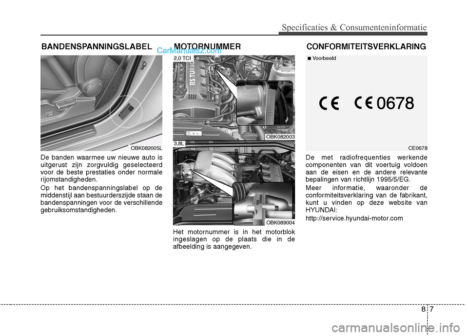 Hyundai Genesis Coupe 2013  Handleiding (in Dutch) 87
Specificaties & Consumenteninformatie
De banden waarmee uw nieuwe auto is 
uitgerust zijn zorgvuldig geselecteerd
voor de beste prestaties onder normale
rijomstandigheden. Op het bandenspanningslab