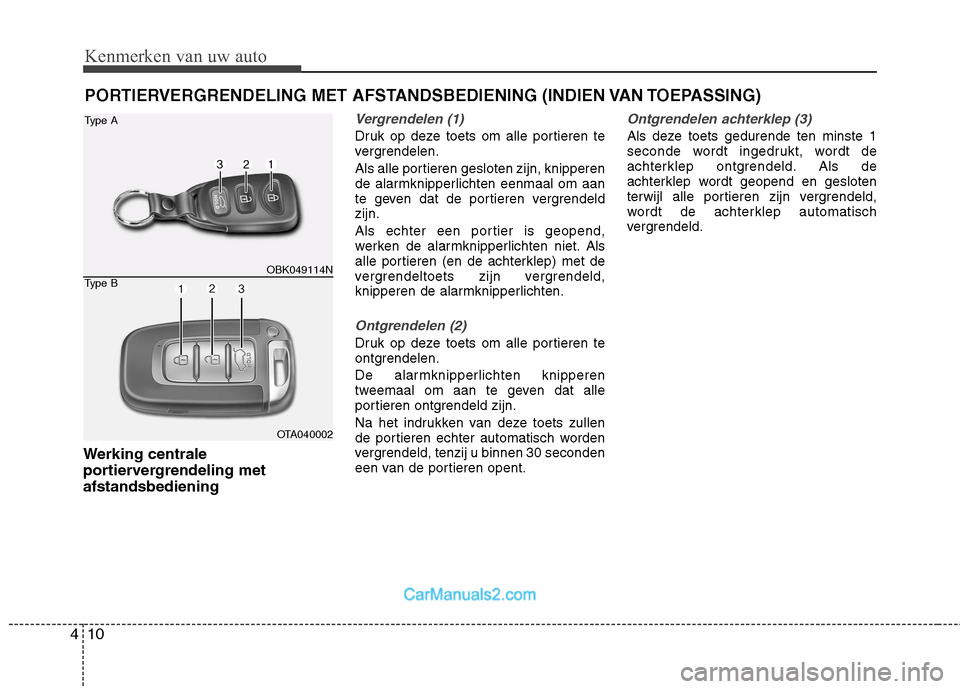 Hyundai Genesis Coupe 2013 Handleiding (in Dutch) Kenmerken van uw auto
10
4
PORTIERVERGRENDELING MET AFSTANDSBEDIENING (INDIEN VAN TOEPASSING)
Werking centrale
portiervergrendeling metafstandsbediening
Vergrendelen (1)
Druk op deze toets om alle po Hyundai Genesis Coupe 2013 Handleiding (in Dutch) Kenmerken van uw auto
10
4
PORTIERVERGRENDELING MET AFSTANDSBEDIENING (INDIEN VAN TOEPASSING)
Werking centrale
portiervergrendeling metafstandsbediening
Vergrendelen (1)
Druk op deze toets om alle po