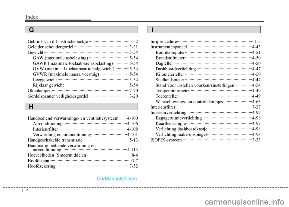 Hyundai Genesis Coupe 2013  Handleiding (in Dutch) Index
4
I
Gebruik van dit instructieboekje ·····································1-2 
Geleider schoudergordel ···························