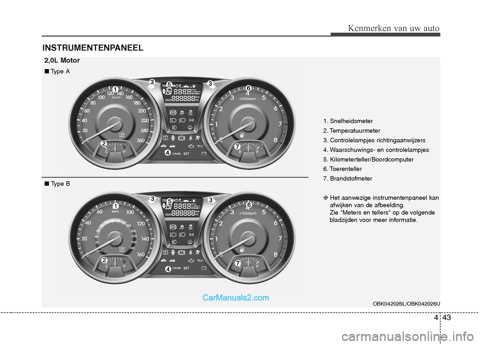 Hyundai Genesis Coupe 2013  Handleiding (in Dutch) 443
Kenmerken van uw auto
INSTRUMENTENPANEEL
OBK042026L/OBK042026U
■Type A
■  Type B 1. Snelheidsmeter 
2. Temperatuurmeter
3. Controlelampjes richtingaanwijzers
4. Waarschuwings- en controlelampj