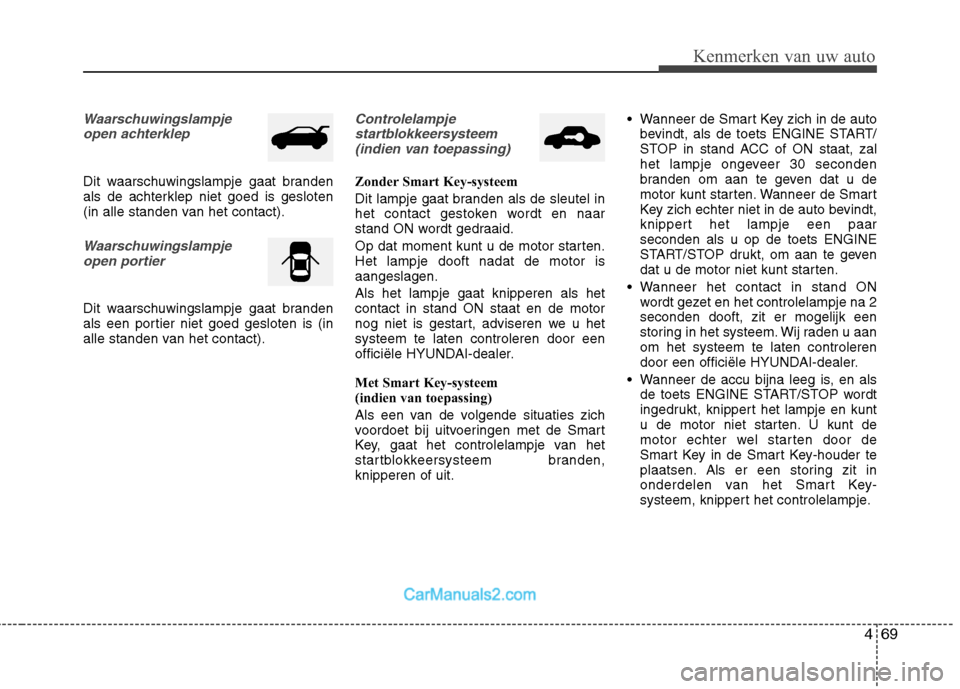 Hyundai Genesis Coupe 2013 Handleiding (in Dutch) 469
Kenmerken van uw auto
Waarschuwingslampjeopen achterklep
Dit waarschuwingslampje gaat branden
als de achterklep niet goed is gesloten
(in alle standen van het contact).
Waarschuwingslampjeopen po Hyundai Genesis Coupe 2013 Handleiding (in Dutch) 469
Kenmerken van uw auto
Waarschuwingslampjeopen achterklep
Dit waarschuwingslampje gaat branden
als de achterklep niet goed is gesloten
(in alle standen van het contact).
Waarschuwingslampjeopen po