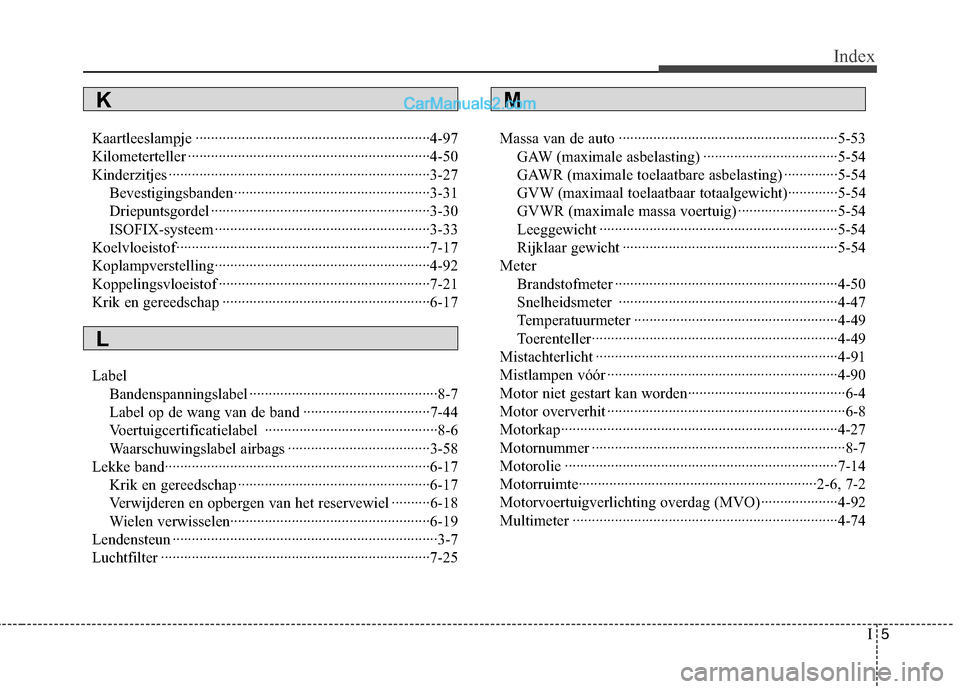 Hyundai Genesis Coupe 2013  Handleiding (in Dutch) I5
Index
Kaartleeslampje ·····························································4-97 
Kilometerteller ···············�