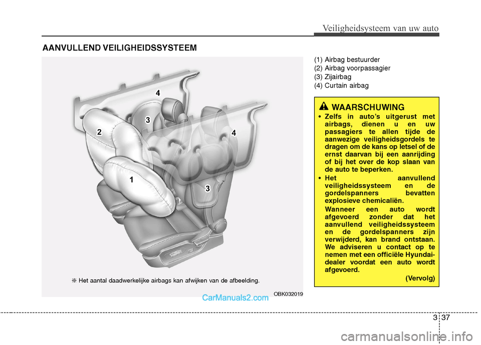 Hyundai Genesis Coupe 2013 Handleiding (in Dutch) 337
Veiligheidsysteem van uw auto
(1) Airbag bestuurder
(2) Airbag voorpassagier(3) Zijairbag
(4) Curtain airbag
AANVULLEND VEILIGHEIDSSYSTEEM
WAARSCHUWING
Zelfs in auto’s uitgerust met airbags, Hyundai Genesis Coupe 2013 Handleiding (in Dutch) 337
Veiligheidsysteem van uw auto
(1) Airbag bestuurder
(2) Airbag voorpassagier(3) Zijairbag
(4) Curtain airbag
AANVULLEND VEILIGHEIDSSYSTEEM
WAARSCHUWING
Zelfs in auto’s uitgerust met airbags,