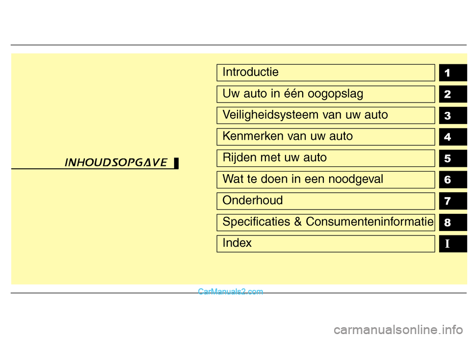 Hyundai Genesis Coupe 2013  Handleiding (in Dutch) qq
1 2 3 4 5 6 78IIntroductie
Uw auto in één oogopslag
Veiligheidsysteem van uw auto
Kenmerken van uw auto
Rijden met uw auto
Wat te doen in een noodgeval
Onderhoud
Specificaties & Consumenteninform