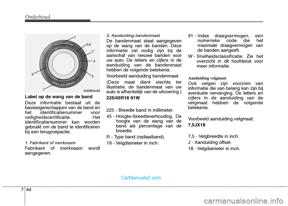 Hyundai Genesis Coupe 2013  Handleiding (in Dutch) Onderhoud
44
7
Label op de wang van de band 
Deze informatie bestaat uit de 
basiseigenschappen van de band en
het identificatienummer voor
veiligheidscertificatie. Het
identificatienummer kan worden
