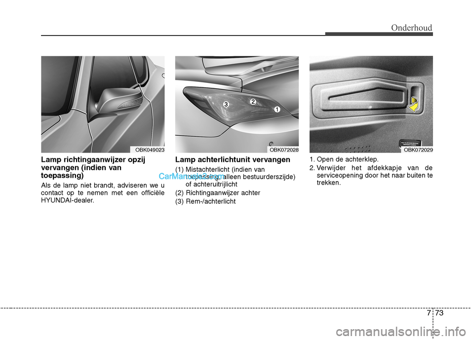 Hyundai Genesis Coupe 2013  Handleiding (in Dutch) 773
Onderhoud
Lamp richtingaanwijzer opzij 
vervangen (indien vantoepassing) 
Als de lamp niet brandt, adviseren we u contact op te nemen met een officiële
HYUNDAI-dealer.Lamp achterlichtunit vervang