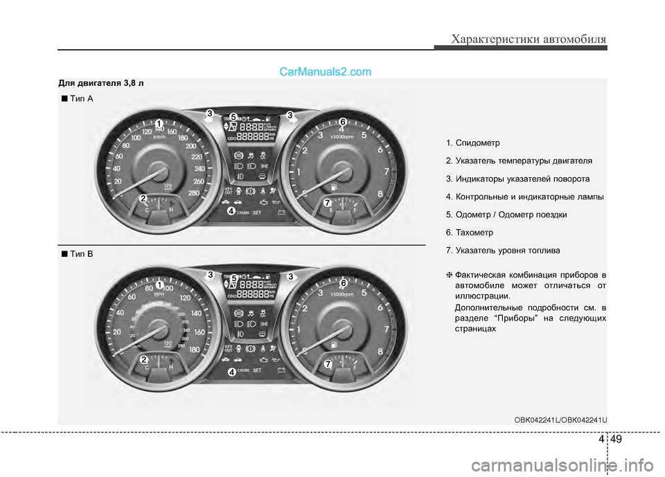 Hyundai Genesis Coupe 2013 Инструкция по эксплуатации (in Russian) 449
Характер\bст\bк\b авто\fоб\bля
OBK042241L/OBK042241U
■TМЙп А
■ TМЙп В 1. СпМЙдоМfетр
2. Указатель теМfпературы двМЙгателя
3. Hyundai Genesis Coupe 2013 Инструкция по эксплуатации (in Russian) 449
Характер\bст\bк\b авто\fоб\bля
OBK042241L/OBK042241U
■TМЙп А
■ TМЙп В 1. СпМЙдоМfетр
2. Указатель теМfпературы двМЙгателя
3.