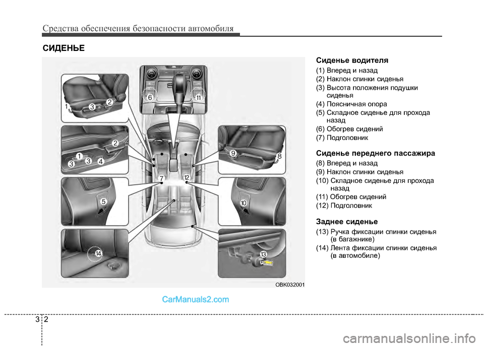 Hyundai Genesis Coupe 2013  Инструкция по эксплуатации (in Russian) Средст\bа обес\fечения безо\fасности а\bтомобиля
23
Сиденье 6bодител6f
(1) В;eеред и назад
(2) Наклон с;eинки сиденья
(3)