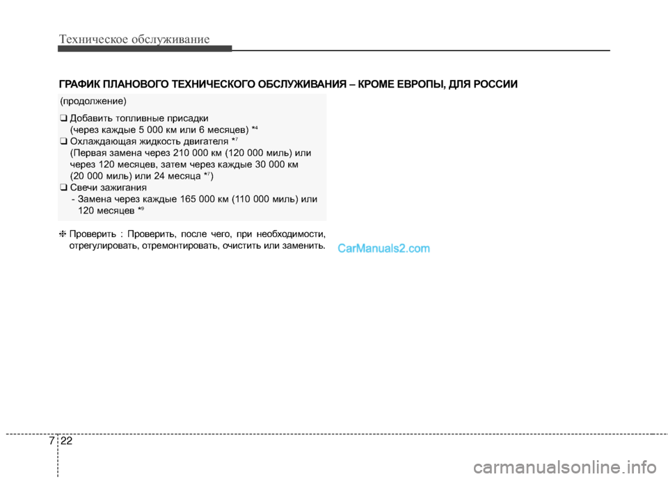 Hyundai Genesis Coupe 2013  Инструкция по эксплуатации (in Russian) Техниче\bкое об\b\fуживание
22
7
ГРАФИК ПЙKАНОЙJОГО ТЕХНИЧЕСКОГО ОБСЙKУЖИЙJАНИЯ – КРОМЕ ЕЙJРОПЫ, ДЙKЯ РОССИИ
(прод