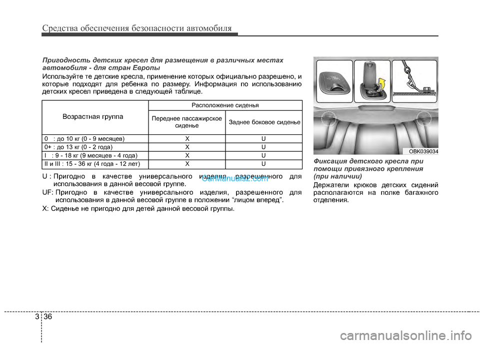 Hyundai Genesis Coupe 2013  Инструкция по эксплуатации (in Russian) Средст\bа обес\fечения безо\fасности а\bтомобиля
36
3
Фиксация детского кресла при
помощи при\fязного крепления
(