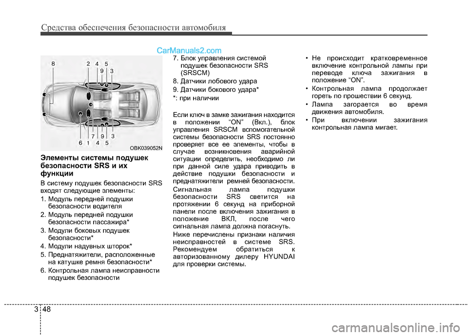 Hyundai Genesis Coupe 2013  Инструкция по эксплуатации (in Russian) Средст\bа обес\fечения безо\fасности а\bтомобиля
48
3
Элементы системы подушек
безопасности SRS и их
функции
В сис