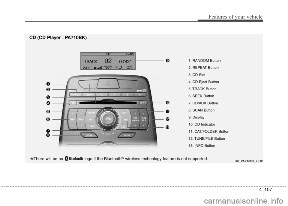 Hyundai Genesis Coupe 2012  Owners Manual 4107
Features of your vehicle
1. RANDOM Button
2. REPEAT Button
3. CD Slot
4. CD Eject Button
5. TRACK Button
6. SEEK Button
7. CD/AUX Button
8. SCAN Button
9. Display
10. CD Indicator
11. CAT/FOLDER  Hyundai Genesis Coupe 2012  Owners Manual 4107
Features of your vehicle
1. RANDOM Button
2. REPEAT Button
3. CD Slot
4. CD Eject Button
5. TRACK Button
6. SEEK Button
7. CD/AUX Button
8. SCAN Button
9. Display
10. CD Indicator
11. CAT/FOLDER