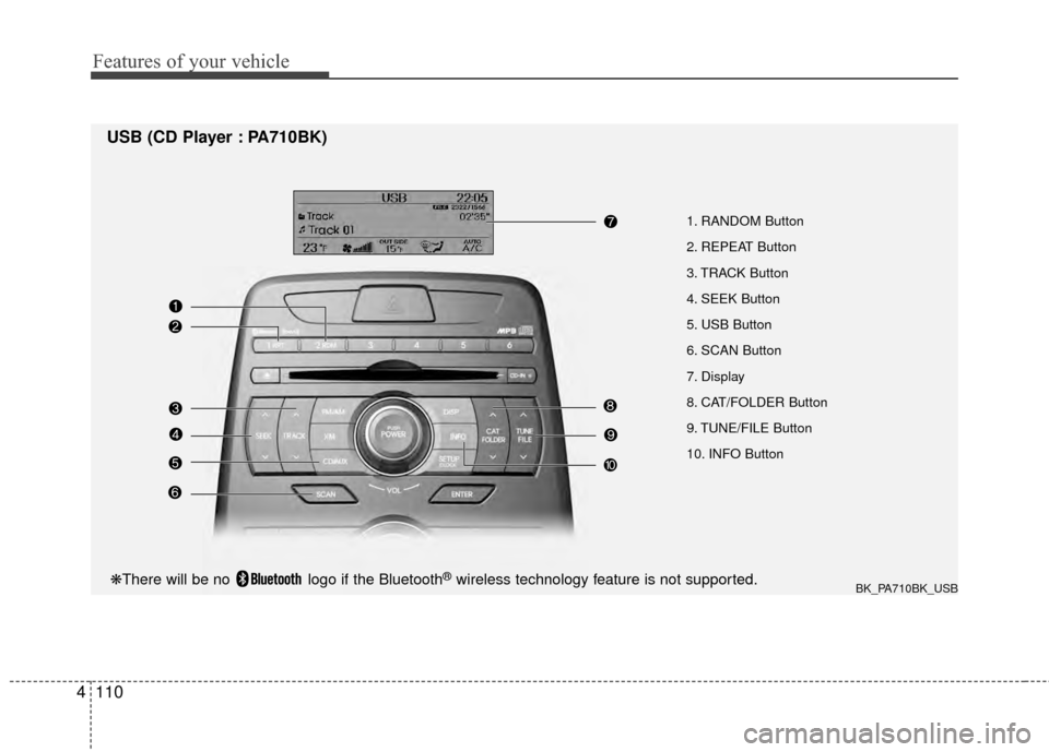 Hyundai Genesis Coupe 2012  Owners Manual Features of your vehicle
110
4
1. RANDOM Button 
2. REPEAT Button
3. TRACK Button
4. SEEK Button
5. USB Button
6. SCAN Button
7. Display
8. CAT/FOLDER Button
9. TUNE/FILE Button
10. INFO Button
USB (C Hyundai Genesis Coupe 2012  Owners Manual Features of your vehicle
110
4
1. RANDOM Button 
2. REPEAT Button
3. TRACK Button
4. SEEK Button
5. USB Button
6. SCAN Button
7. Display
8. CAT/FOLDER Button
9. TUNE/FILE Button
10. INFO Button
USB (C