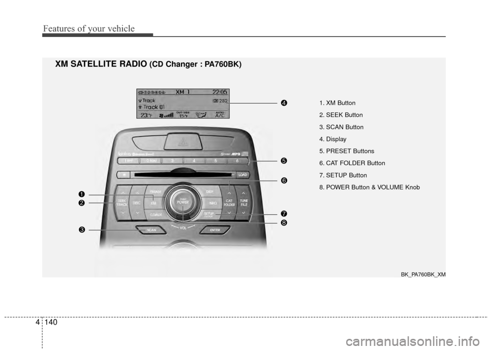 Hyundai Genesis Coupe 2012  Owners Manual Features of your vehicle
140
4
1. XM Button
2. SEEK Button
3. SCAN Button
4. Display
5. PRESET Buttons
6. CAT FOLDER Button
7. SETUP Button
8. POWER Button & VOLUME Knob
XM SATELLITE RADIO(CD Changer 