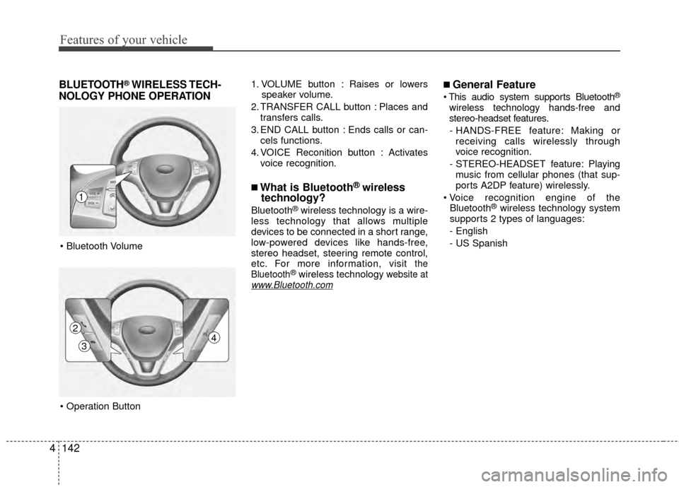 Hyundai Genesis Coupe 2012  Owners Manual Features of your vehicle
142
4
BLUETOOTH®WIRELESS TECH-
NOLOGY PHONE OPERATION1. VOLUME button : Raises or lowers
speaker volume.
2. TRANSFER CALL button : Places and transfers calls.
3. END CALL but