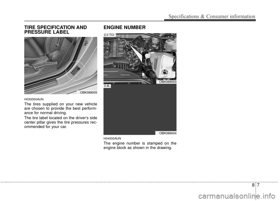 Hyundai Genesis Coupe 2012 Owners Manual 87
Specifications & Consumer information
TIRE SPECIFICATION AND
PRESSURE LABEL
H030000AUN
The tires supplied on your new vehicle
are chosen to provide the best perform-
ance for normal driving.
The ti Hyundai Genesis Coupe 2012 Owners Manual 87
Specifications & Consumer information
TIRE SPECIFICATION AND
PRESSURE LABEL
H030000AUN
The tires supplied on your new vehicle
are chosen to provide the best perform-
ance for normal driving.
The ti