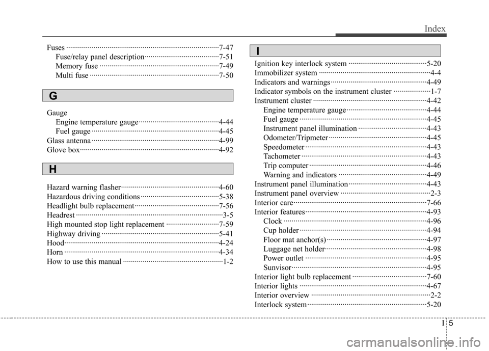 Hyundai Genesis Coupe 2012 Owners Manual I5
Index
Fuses ··················\
··················\
··················\
··················\
······7-47Fuse/relay panel Hyundai Genesis Coupe 2012 Owners Manual I5
Index
Fuses ··················\
··················\
··················\
··················\
······7-47Fuse/relay panel
