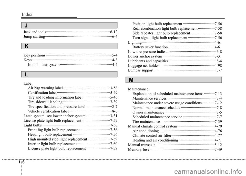 Hyundai Genesis Coupe 2012  Owners Manual Index
6I
Jack and tools··················\
··················\
··················\
···········6-12
Jump starting···········�