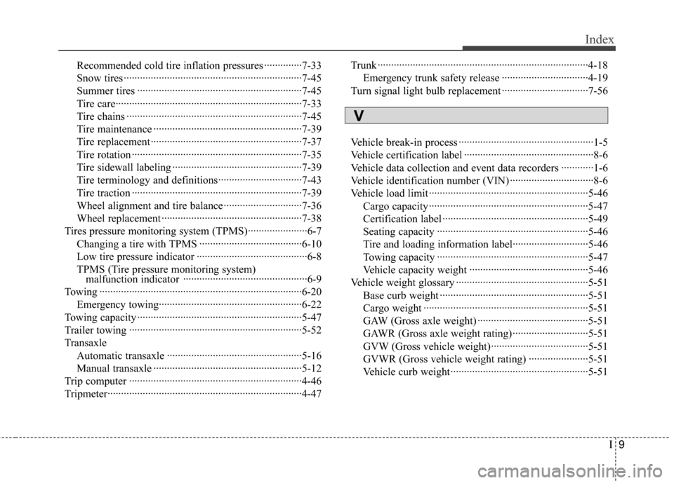 Hyundai Genesis Coupe 2012 Owners Manual I9
Index
Recommended cold tire inflation pressures ··············7-33
Snow tires ··················\
··················\
·············· Hyundai Genesis Coupe 2012 Owners Manual I9
Index
Recommended cold tire inflation pressures ··············7-33
Snow tires ··················\
··················\
··············Â