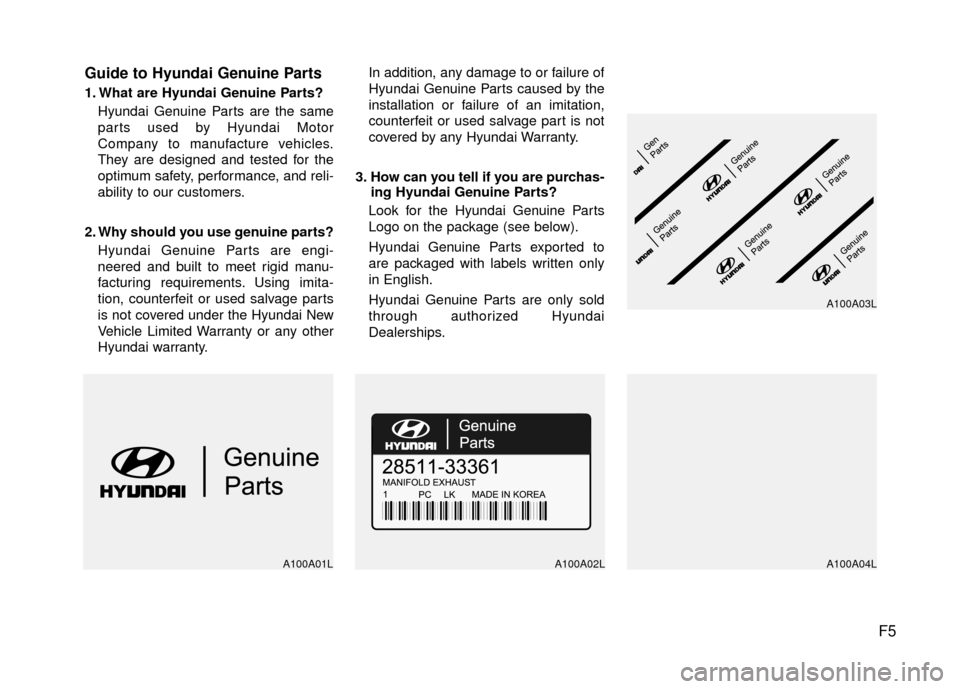 Hyundai Genesis Coupe 2012 Owners Manual F5
Guide to Hyundai Genuine Parts
1. What are Hyundai Genuine Parts?
Hyundai Genuine Parts are the same
parts used by Hyundai Motor
Company to manufacture vehicles.
They are designed and tested for th Hyundai Genesis Coupe 2012 Owners Manual F5
Guide to Hyundai Genuine Parts
1. What are Hyundai Genuine Parts?
Hyundai Genuine Parts are the same
parts used by Hyundai Motor
Company to manufacture vehicles.
They are designed and tested for th