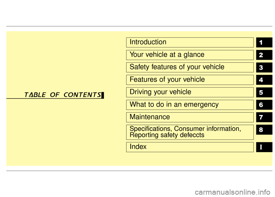 Hyundai Genesis Coupe 2012  Owners Manual 1
2
3
4
5
6
7
8
I
Introduction
Your vehicle at a glance
Safety features of your vehicle
Features of your vehicle
Driving your vehicle
What to do in an emergency
Maintenance
Specifications, Consumer in