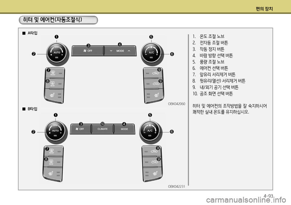 Hyundai Genesis Coupe 2012 제네시스 쿠페 BK - 사용 설명서 (in Korean) 편의 장치4-93
1. 온도 조절 노브
2 . 전자동 조절 버튼
3 . 작동 정지 버튼
4 . 바람 방향 선택 버튼
5 . 풍량 조절 노브
6 . 에어컨 선택 버튼
7 . 앞유리 Hyundai Genesis Coupe 2012 제네시스 쿠페 BK - 사용 설명서 (in Korean) 편의 장치4-93
1. 온도 조절 노브
2 . 전자동 조절 버튼
3 . 작동 정지 버튼
4 . 바람 방향 선택 버튼
5 . 풍량 조절 노브
6 . 에어컨 선택 버튼
7 . 앞유리