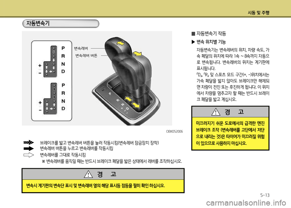 Hyundai Genesis Coupe 2012  제네시스 쿠페 BK - 사용 설명서 (in Korean) /d동 및 주B자-13
4동변.기
 
0 4동변.기 4동
 
▶ 변속 위치별 기능
  4동변.기는  변.레버의  위치,  8
