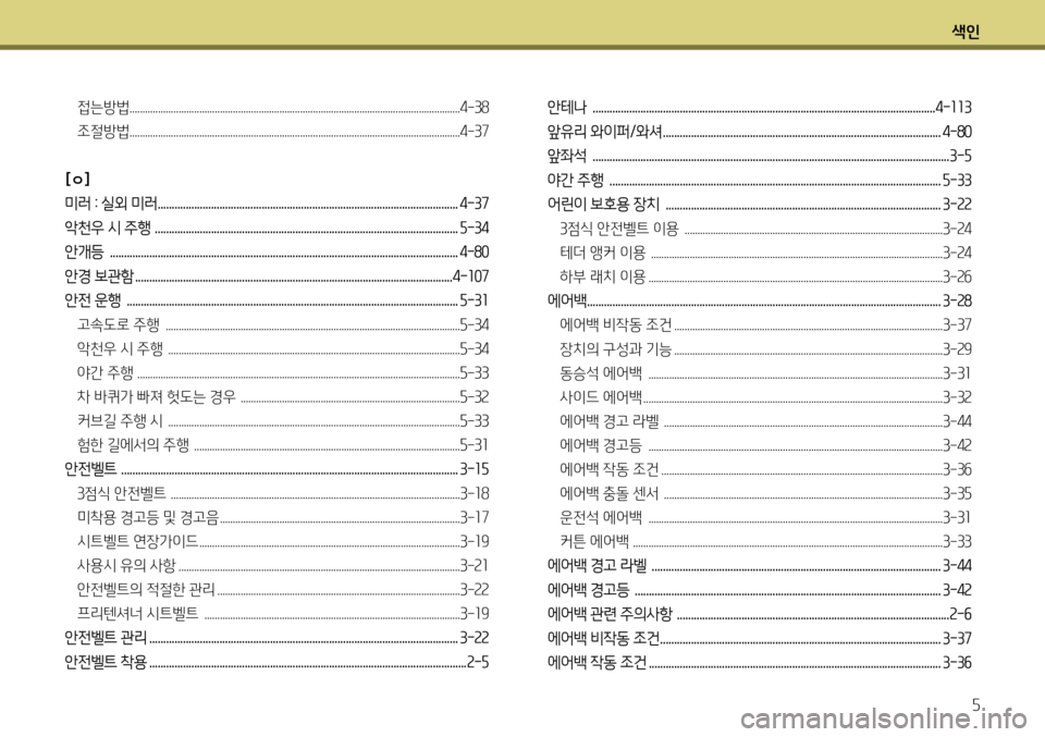 Hyundai Genesis Coupe 2012 제네시스 쿠페 BK - 사용 설명서 (in Korean) 색인5
접는방법................................................................................................................................ 4-38
조절방법.................................. Hyundai Genesis Coupe 2012 제네시스 쿠페 BK - 사용 설명서 (in Korean) 색인5
접는방법................................................................................................................................ 4-38
조절방법..................................