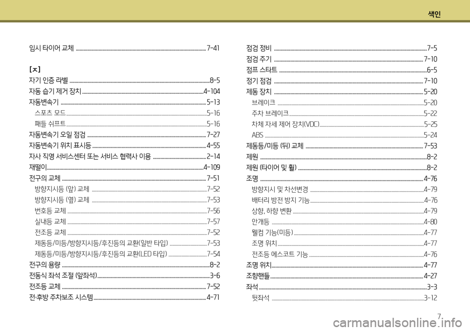 Hyundai Genesis Coupe 2012  제네시스 쿠페 BK - 사용 설명서 (in Korean) 색인7
임시 타이어 교체  ....................................................................................................... 7-41
[ㅈ] 
자기 인증 라벨  .............................