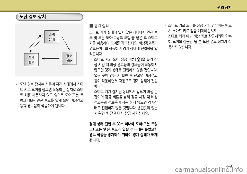 Hyundai Genesis Coupe 2012 제네시스 쿠페 BK - 사용 설명서 (in Korean) 편의 장치4-9
̰ 경계 상태
스마트 키가 실내에 있지 않은 상태에서 엔진 후
드 및 모든 도어(트렁크 포함)를 닫은 후 스마트
키를 이용하여 Hyundai Genesis Coupe 2012 제네시스 쿠페 BK - 사용 설명서 (in Korean) 편의 장치4-9
̰ 경계 상태
스마트 키가 실내에 있지 않은 상태에서 엔진 후
드 및 모든 도어(트렁크 포함)를 닫은 후 스마트
키를 이용하여