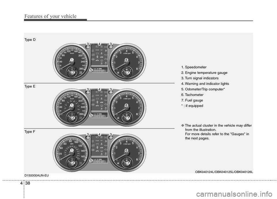 Hyundai Genesis Coupe 2011 Owners Manual Features of your vehicle
38
4
1. Speedometer
2. Engine temperature gauge
3. Turn signal indicators
4. Warning and indicator lights
5. Odometer/Trip computer*
6. Tachometer
7. Fuel gauge
* : if equip Hyundai Genesis Coupe 2011 Owners Manual Features of your vehicle
38
4
1. Speedometer
2. Engine temperature gauge
3. Turn signal indicators
4. Warning and indicator lights
5. Odometer/Trip computer*
6. Tachometer
7. Fuel gauge
* : if equip