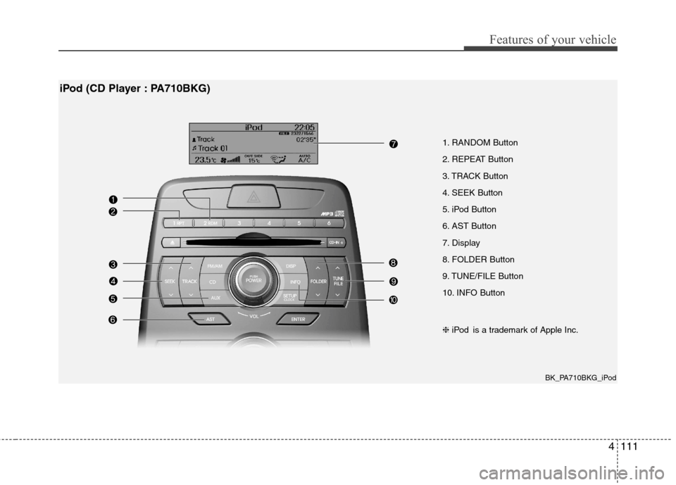Hyundai Genesis Coupe 2011 Owners Manual 4111
Features of your vehicle
1. RANDOM Button
2. REPEAT Button
3. TRACK Button
4. SEEK Button
5. iPod Button
6. AST Button
7. Display
8. FOLDER Button
9. TUNE/FILE Button
10. INFO Button
iPod (CD P Hyundai Genesis Coupe 2011 Owners Manual 4111
Features of your vehicle
1. RANDOM Button
2. REPEAT Button
3. TRACK Button
4. SEEK Button
5. iPod Button
6. AST Button
7. Display
8. FOLDER Button
9. TUNE/FILE Button
10. INFO Button
iPod (CD P