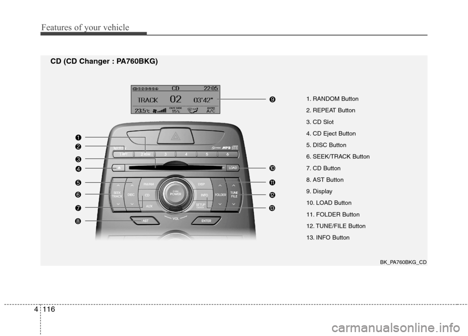 Hyundai Genesis Coupe 2011 Owners Manual Features of your vehicle
116
4
1. RANDOM Button
2. REPEAT Button
3. CD Slot
4. CD Eject Button
5. DISC Button
6. SEEK/TRACK Button
7. CD Button
8. AST Button
9. Display
10. LOAD Button
11. FOLDER Bu Hyundai Genesis Coupe 2011 Owners Manual Features of your vehicle
116
4
1. RANDOM Button
2. REPEAT Button
3. CD Slot
4. CD Eject Button
5. DISC Button
6. SEEK/TRACK Button
7. CD Button
8. AST Button
9. Display
10. LOAD Button
11. FOLDER Bu