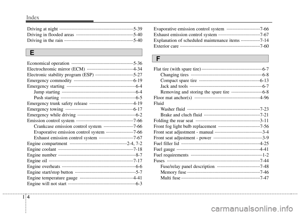 Hyundai Genesis Coupe 2011  Owners Manual Index
4
I
Driving at night  ······························································5-39 
Driving in flooded areas  ········