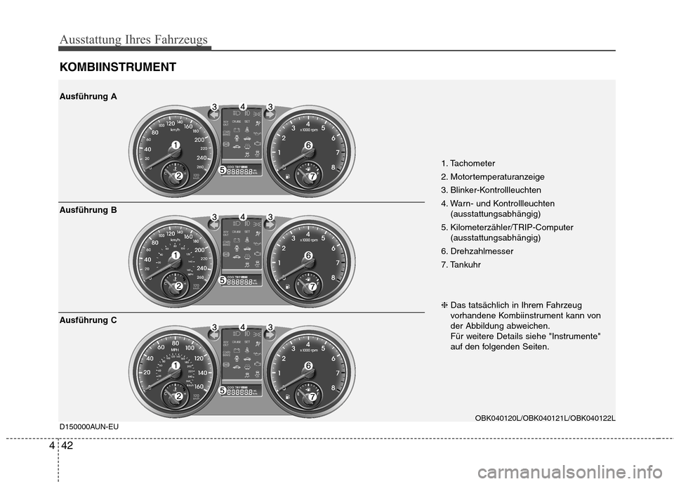 Hyundai Genesis Coupe 2011 Betriebsanleitung (in German) Ausstattung Ihres Fahrzeugs
42
4
KOMBIINSTRUMENT
1. Tachometer
2. Motortemperaturanzeige
3. Blinker-Kontrollleuchten
4. Warn- und Kontrollleuchten
(ausstattungsabhängig)
5. Kilometerzähler/TRIP-Com Hyundai Genesis Coupe 2011 Betriebsanleitung (in German) Ausstattung Ihres Fahrzeugs
42
4
KOMBIINSTRUMENT
1. Tachometer
2. Motortemperaturanzeige
3. Blinker-Kontrollleuchten
4. Warn- und Kontrollleuchten
(ausstattungsabhängig)
5. Kilometerzähler/TRIP-Com