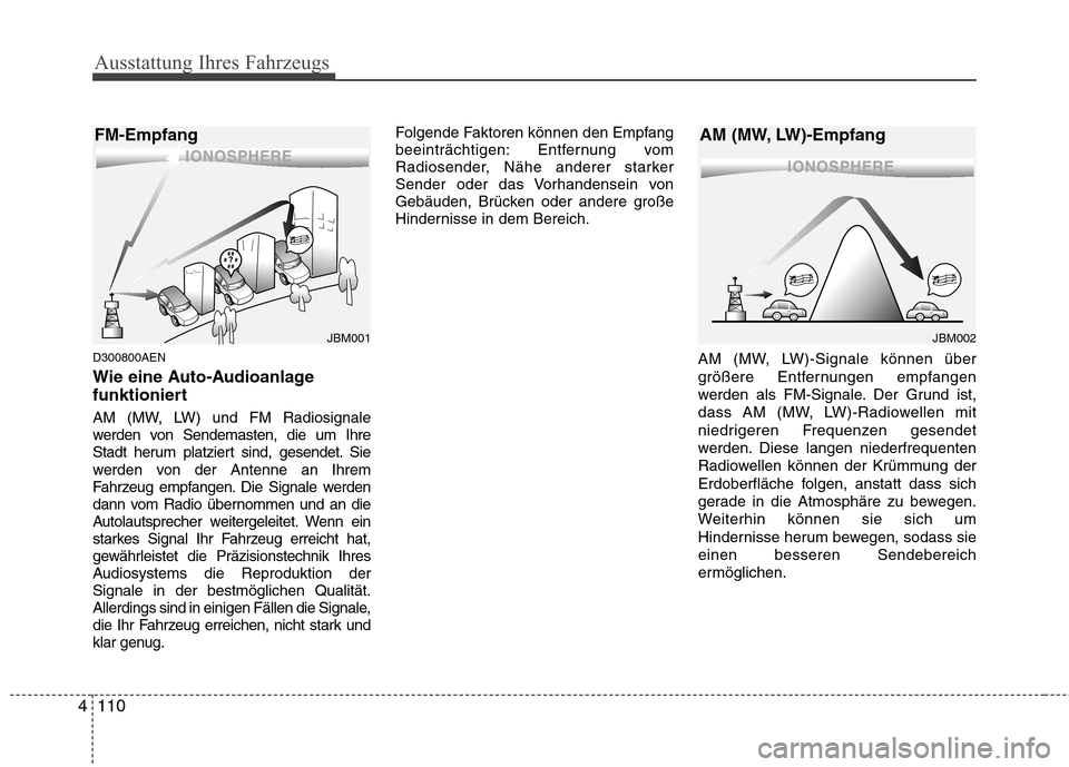 Hyundai Genesis Coupe 2011  Betriebsanleitung (in German) Ausstattung Ihres Fahrzeugs
110
4
D300800AEN 
Wie eine Auto-Audioanlage 
funktioniert 
AM (MW, LW) und FM Radiosignale 
werden von Sendemasten, die um Ihre
Stadt herum platziert sind, gesendet. Sie
we