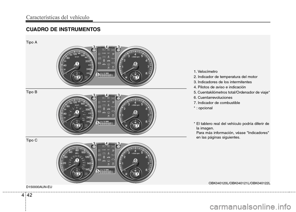 Hyundai Genesis Coupe 2011 Manual del propietario (in Spanish) Características del vehículo
42
4
CUADRO DE INSTRUMENTOS
OBK040120L/OBK040121L/OBK040122L
Tipo A Tipo B
Tipo C
1. Velocímetro
2. Indicador de temperatura del motor
3. Indicadores de los intermiten Hyundai Genesis Coupe 2011 Manual del propietario (in Spanish) Características del vehículo
42
4
CUADRO DE INSTRUMENTOS
OBK040120L/OBK040121L/OBK040122L
Tipo A Tipo B
Tipo C
1. Velocímetro
2. Indicador de temperatura del motor
3. Indicadores de los intermiten
