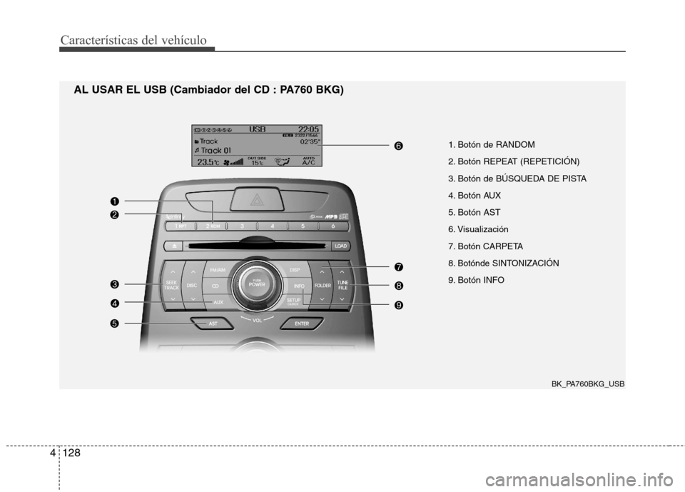 Hyundai Genesis Coupe 2011 Manual del propietario (in Spanish) Características del vehículo
128
4
BK_PA760BKG_USB
AL USAR EL USB (Cambiador del CD : PA760 BKG)
1. Botón de RANDOM
2. Botón REPEAT (REPETICIÓN)
3. Botón de BÚSQUEDA DE PISTA
4. Botón AUX
5. Hyundai Genesis Coupe 2011 Manual del propietario (in Spanish) Características del vehículo
128
4
BK_PA760BKG_USB
AL USAR EL USB (Cambiador del CD : PA760 BKG)
1. Botón de RANDOM
2. Botón REPEAT (REPETICIÓN)
3. Botón de BÚSQUEDA DE PISTA
4. Botón AUX
5.