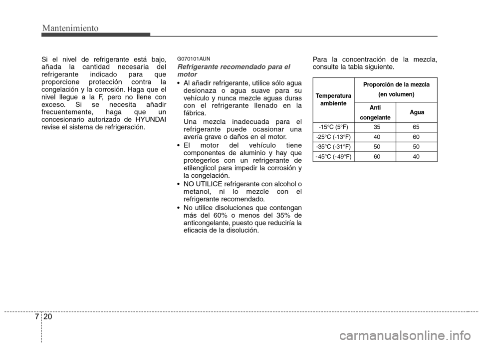 Hyundai Genesis Coupe 2011 Manual del propietario (in Spanish) Mantenimiento
20
7
Si el nivel de refrigerante está bajo,
añada la cantidad necesaria del
refrigerante indicado para que
proporcione protección contra la
congelación y la corrosión. Haga que el
Hyundai Genesis Coupe 2011 Manual del propietario (in Spanish) Mantenimiento
20
7
Si el nivel de refrigerante está bajo,
añada la cantidad necesaria del
refrigerante indicado para que
proporcione protección contra la
congelación y la corrosión. Haga que el