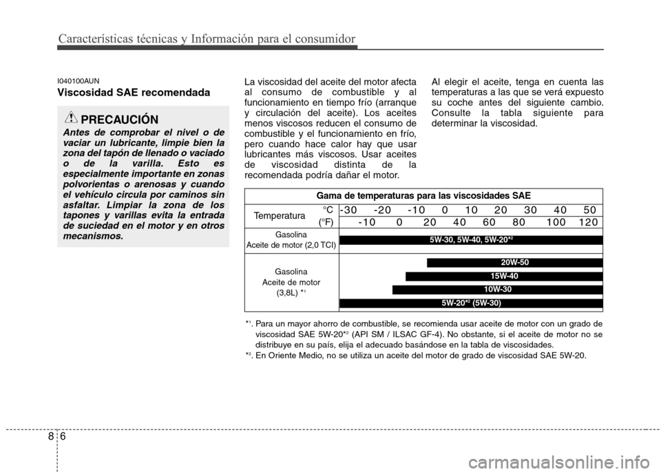 Hyundai Genesis Coupe 2011 Manual del propietario (in Spanish) Características técnicas y Información para el consumidor
6
8
I040100AUN Viscosidad SAE recomendada La viscosidad del aceite del motor afecta
al consumo de combustible y al
funcionamiento en tiemp Hyundai Genesis Coupe 2011 Manual del propietario (in Spanish) Características técnicas y Información para el consumidor
6
8
I040100AUN Viscosidad SAE recomendada La viscosidad del aceite del motor afecta
al consumo de combustible y al
funcionamiento en tiemp