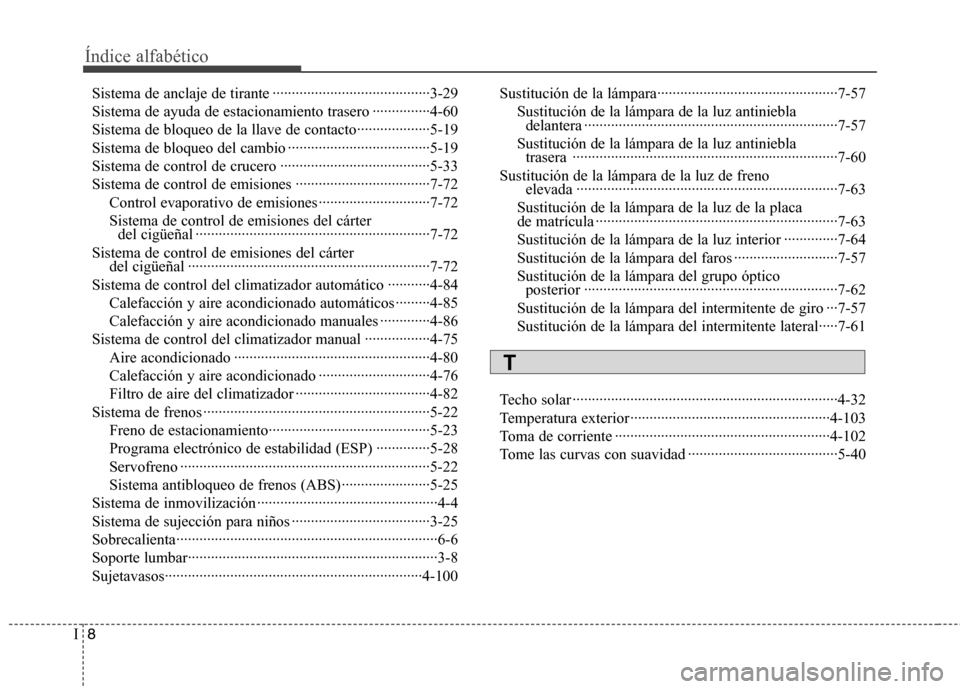 Hyundai Genesis Coupe 2011 Manual del propietario (in Spanish) Índice alfabético
8
I
Sistema de anclaje de tirante ·········································3-29
Sistema de ayuda de estacionamiento trasero ······· Hyundai Genesis Coupe 2011 Manual del propietario (in Spanish) Índice alfabético
8
I
Sistema de anclaje de tirante ·········································3-29
Sistema de ayuda de estacionamiento trasero ·······