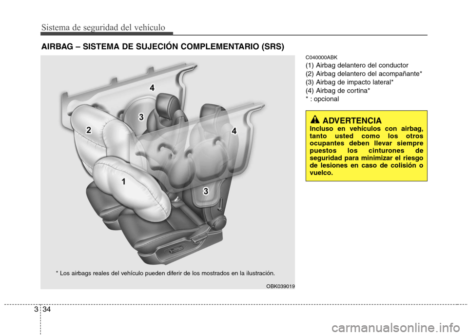 Hyundai Genesis Coupe 2011 Manual del propietario (in Spanish) Sistema de seguridad del vehículo
34
3
C040000ABK (1) Airbag delantero del conductor(2) Airbag delantero del acompañante*
(3) Airbag de impacto lateral*
(4) Airbag de cortina*
* : opcional
AIRBAG Hyundai Genesis Coupe 2011 Manual del propietario (in Spanish) Sistema de seguridad del vehículo
34
3
C040000ABK (1) Airbag delantero del conductor(2) Airbag delantero del acompañante*
(3) Airbag de impacto lateral*
(4) Airbag de cortina*
* : opcional
AIRBAG