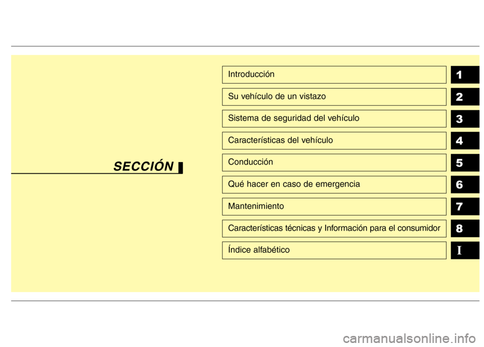 Hyundai Genesis Coupe 2011 Manual del propietario (in Spanish) SECCIÓN
1 2 3 4 5 6 78IIntroducción
Su vehículo de un vistazo
Sistema de seguridad del vehículo
Características del vehículo
Conducción
Qué hacer en caso de emergencia
Mantenimiento
Caracterí Hyundai Genesis Coupe 2011 Manual del propietario (in Spanish) SECCIÓN
1 2 3 4 5 6 78IIntroducción
Su vehículo de un vistazo
Sistema de seguridad del vehículo
Características del vehículo
Conducción
Qué hacer en caso de emergencia
Mantenimiento
Caracterí
