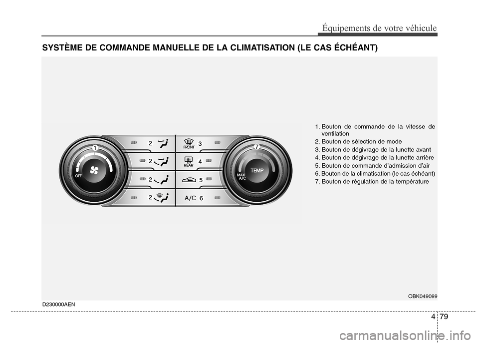 Hyundai Genesis Coupe 2011 Manuel du propriétaire (in French) 479
Équipements de votre véhicule
SYSTÈME DE COMMANDE MANUELLE DE LA CLIMATISATION (LE CAS ÉCHÉANT)
D230000AEN
OBK049099
1. Bouton de commande de la vitesse de
ventilation
2. Bouton de sélection Hyundai Genesis Coupe 2011 Manuel du propriétaire (in French) 479
Équipements de votre véhicule
SYSTÈME DE COMMANDE MANUELLE DE LA CLIMATISATION (LE CAS ÉCHÉANT)
D230000AEN
OBK049099
1. Bouton de commande de la vitesse de
ventilation
2. Bouton de sélection