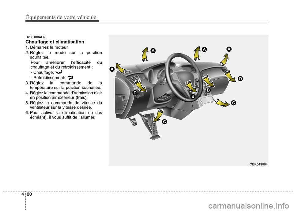 Hyundai Genesis Coupe 2011 Manuel du propriétaire (in French) Équipements de votre véhicule
80
4
D230100AEN
Chauffage et climatisation
1. Démarrez le moteur.
2. Réglez le mode sur la position
souhaitée.
Pour améliorer lefficacité du
chauffage et du ref Hyundai Genesis Coupe 2011 Manuel du propriétaire (in French) Équipements de votre véhicule
80
4
D230100AEN
Chauffage et climatisation
1. Démarrez le moteur.
2. Réglez le mode sur la position
souhaitée.
Pour améliorer lefficacité du
chauffage et du ref