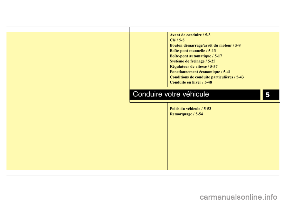 Hyundai Genesis Coupe 2011 Manuel du propriétaire (in French) 5
Avant de conduire / 5-3 Clé / 5-5
Bouton démarrage/arrêt du moteur / 5-8Boîte-pont manuelle / 5-13Boîte-pont automatique / 5-17
Système de freinage / 5-25
Régulateur de vitesse / 5-37Fonction Hyundai Genesis Coupe 2011 Manuel du propriétaire (in French) 5
Avant de conduire / 5-3 Clé / 5-5
Bouton démarrage/arrêt du moteur / 5-8Boîte-pont manuelle / 5-13Boîte-pont automatique / 5-17
Système de freinage / 5-25
Régulateur de vitesse / 5-37Fonction