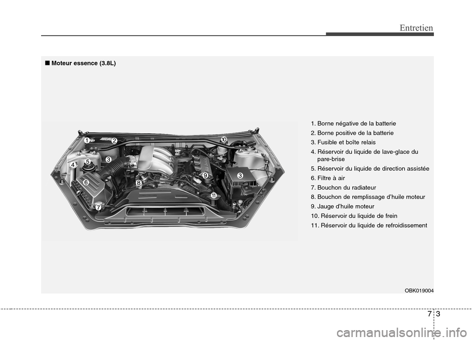 Hyundai Genesis Coupe 2011  Manuel du propriétaire (in French) 73
Entretien
1. Borne négative de la batterie 
2. Borne positive de la batterie
3. Fusible et boîte relais
4. Réservoir du liquide de lave-glace dupare-brise
5. Réservoir du liquide de direction a